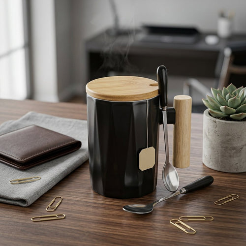 Nordic Geometric Ceramic Mug with Wooden Handle & Lid