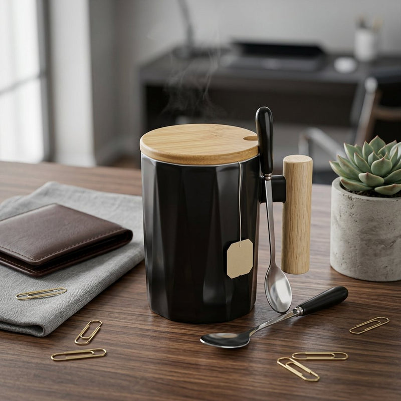 Nordic Geometric Ceramic Mug with Wooden Handle & Lid