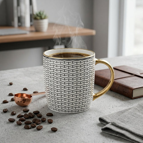 Modern Black & White Ceramic Mug with Gold Handle & Rim