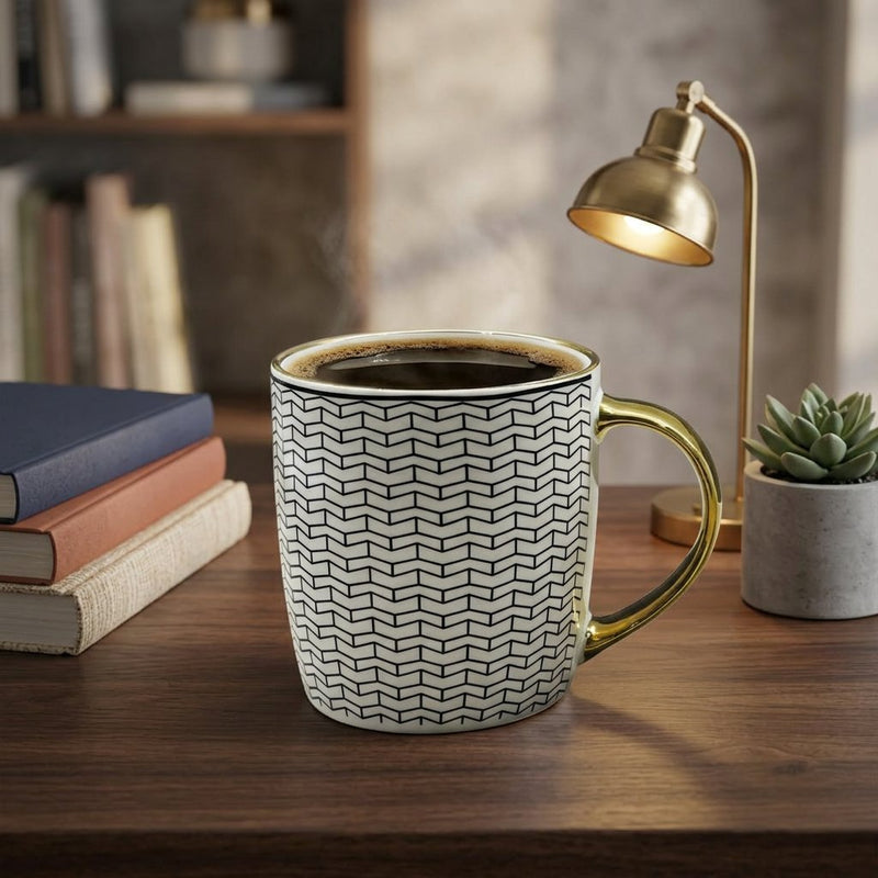 Modern Black & White Ceramic Mug with Gold Handle & Rim