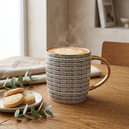 Monochrome Pattern Ceramic Mug with Gold Handle