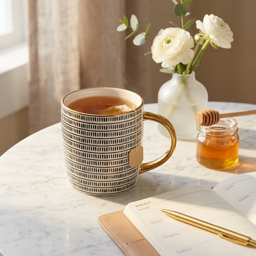 Monochrome Pattern Ceramic Mug with Gold Handle