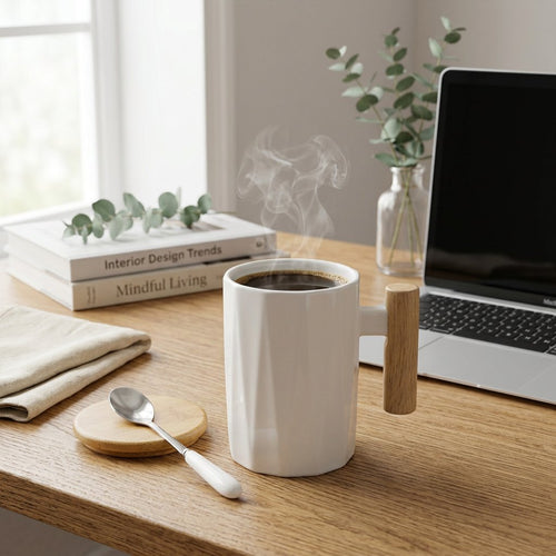 Nordic Geometric Ceramic Mug with Wooden Handle & Lid