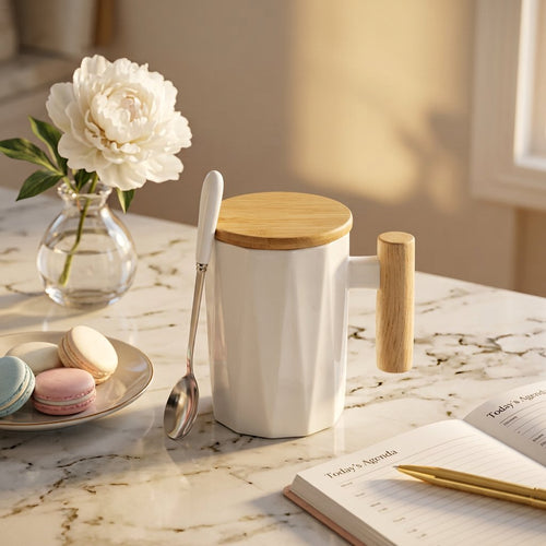 Nordic Geometric Ceramic Mug with Wooden Handle & Lid