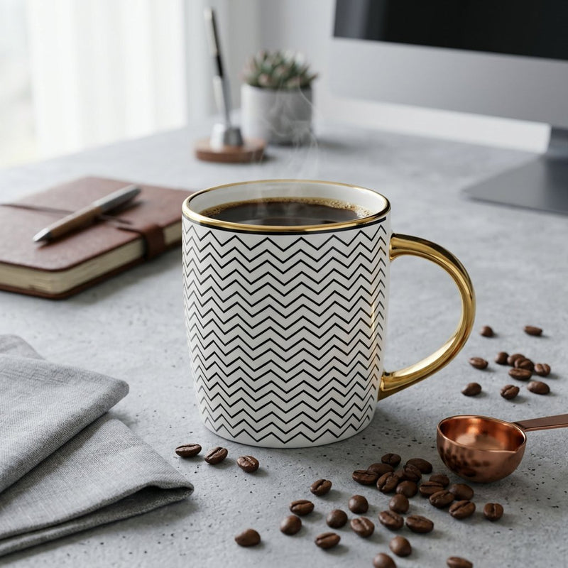 Monochrome Pattern Ceramic Mug with Gold Handle