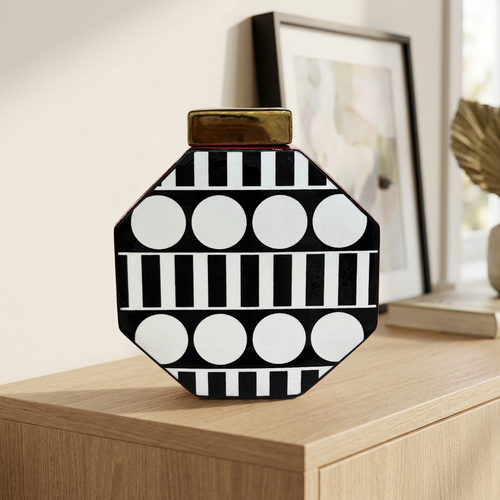 Octagonal Monochrome Ceramic Ginger Jar with Gold Lid