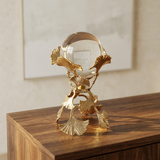 Crystal Sphere Showpiece with Gold Ginkgo Leaf Stand