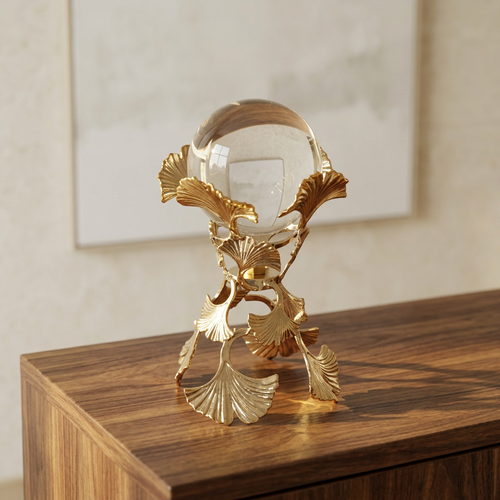 Crystal Sphere Showpiece with Gold Ginkgo Leaf Stand