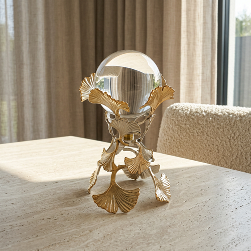 Crystal Sphere Showpiece with Gold Ginkgo Leaf Stand