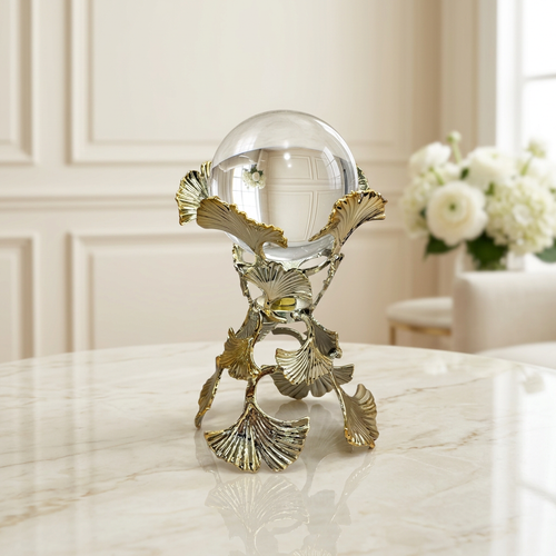 Crystal Sphere Showpiece with Gold Ginkgo Leaf Stand