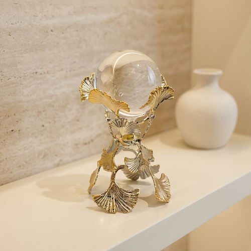 Crystal Sphere Showpiece with Gold Ginkgo Leaf Stand