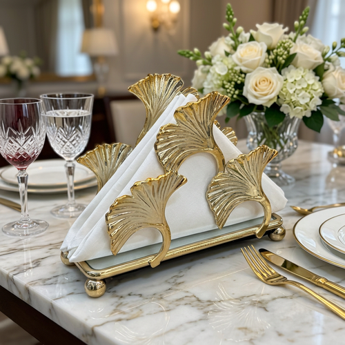 Gold Ginkgo Leaf Mirrored Metal Napkin Holder