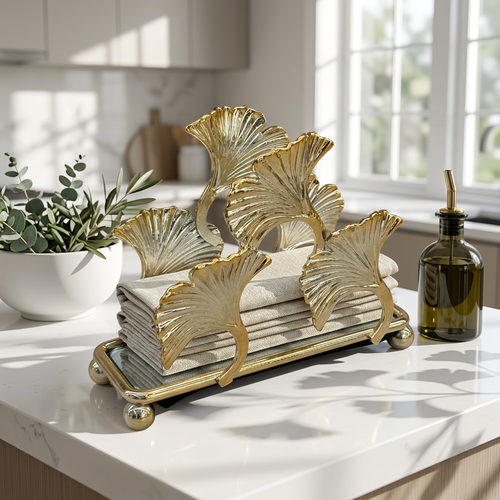 Gold Ginkgo Leaf Mirrored Metal Napkin Holder