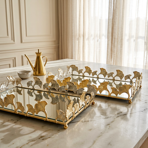 Gold Ginkgo Leaf Mirrored Serving & Vanity Tray Set of 2