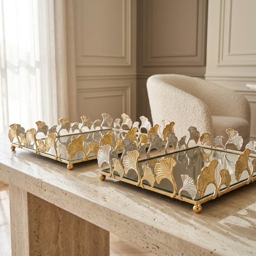 Gold Ginkgo Leaf Mirrored Serving & Vanity Tray Set of 2