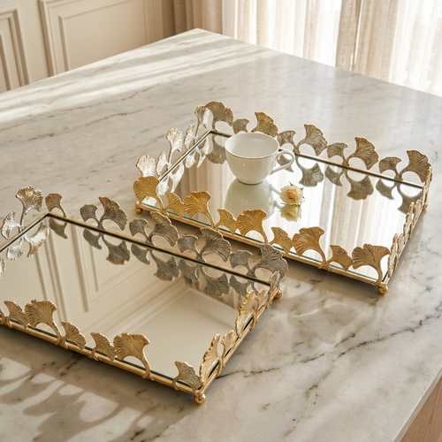 Gold Ginkgo Leaf Mirrored Serving & Vanity Tray Set of 2