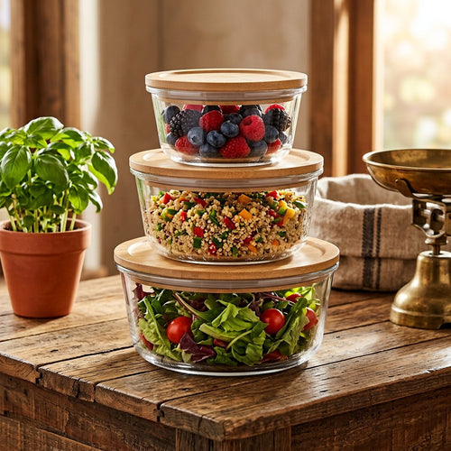 Multipurpose Kitchen Bowls with Bamboo Lids Set of 3