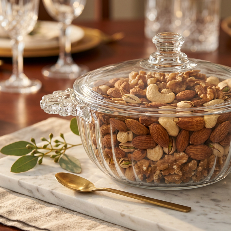 Elegance Glass Covered Serving Bowl with Integrated Handles