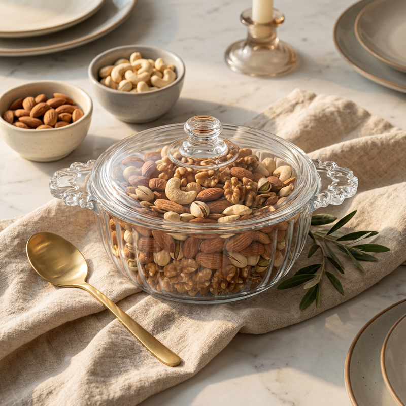 Elegance Glass Covered Serving Bowl with Integrated Handles