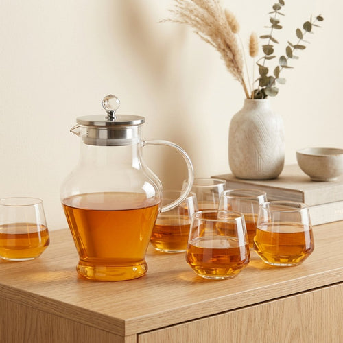 Modern Clear Glass Water Pitcher and Cup Set 7 Piece