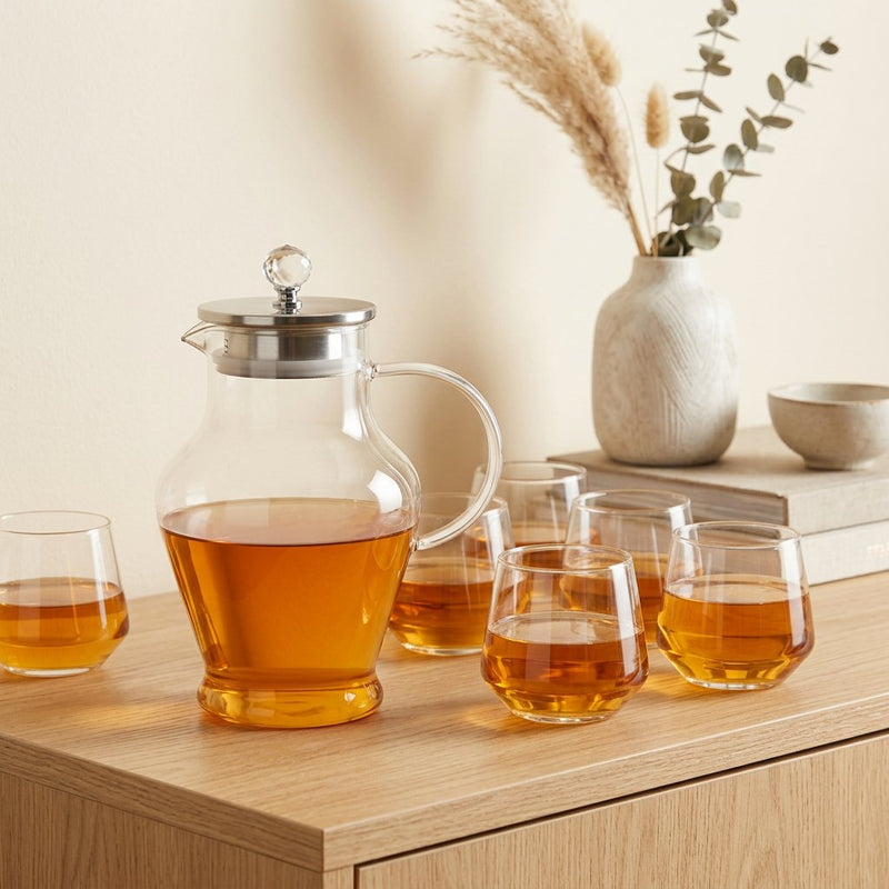 Modern Clear Glass Water Pitcher and Cup Set 7 Piece