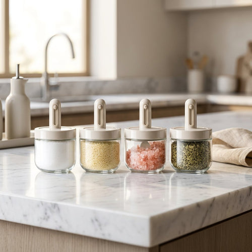 Press Top Glass Jars with Integrated Spoon Lids Set of 4