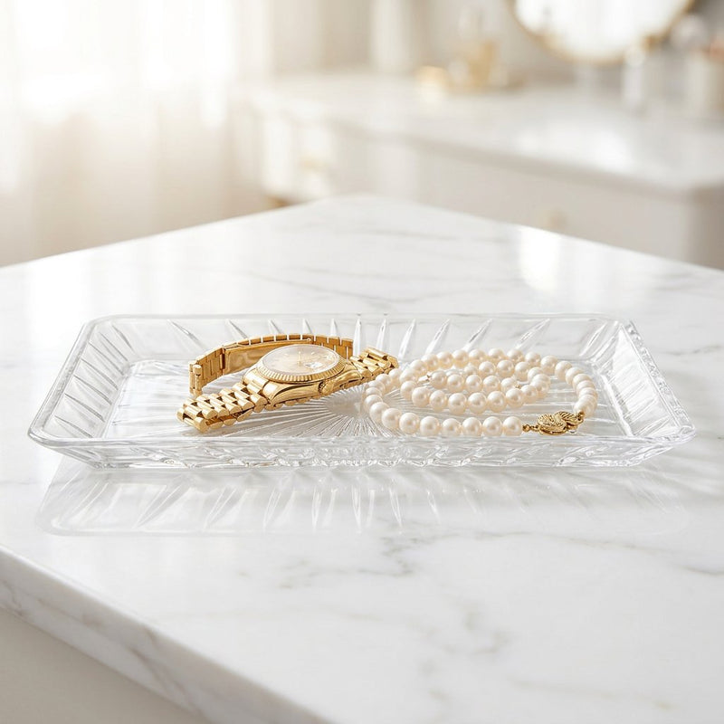 Crystal-Cut Glass Rectangular Serving Tray 11 Inch
