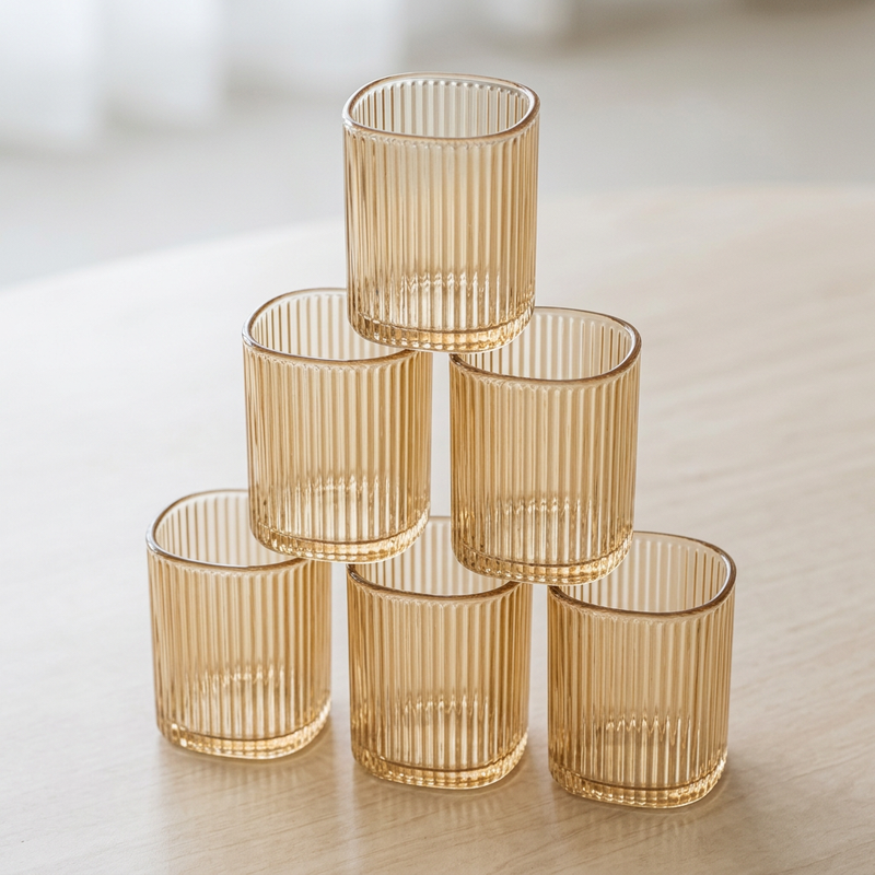 Ribbed Amber Square Glass Tumblers Set of 6