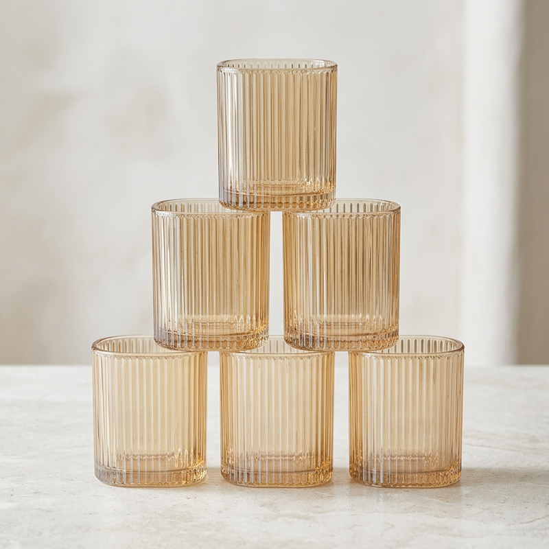 Ribbed Amber Square Glass Tumblers Set of 6