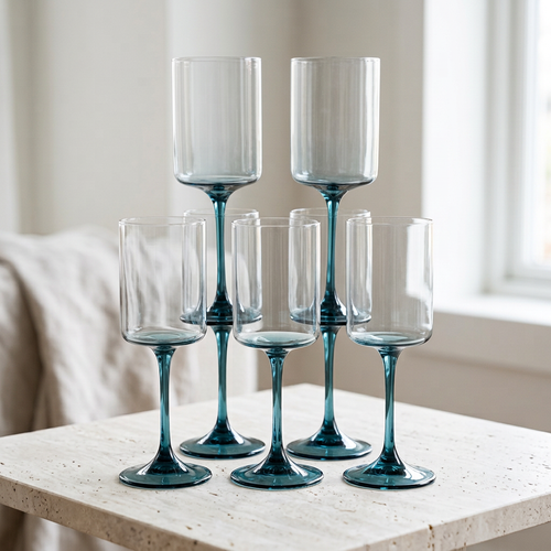Minimalist Teal Blue Stemmed Wine Glasses Set of 6