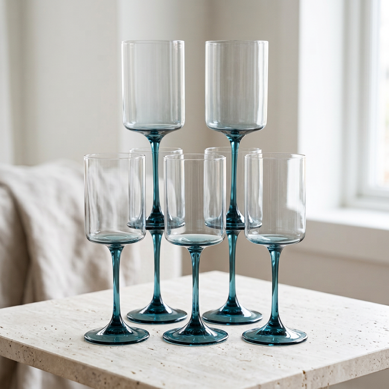 Minimalist Teal Blue Stemmed Wine Glasses Set of 6