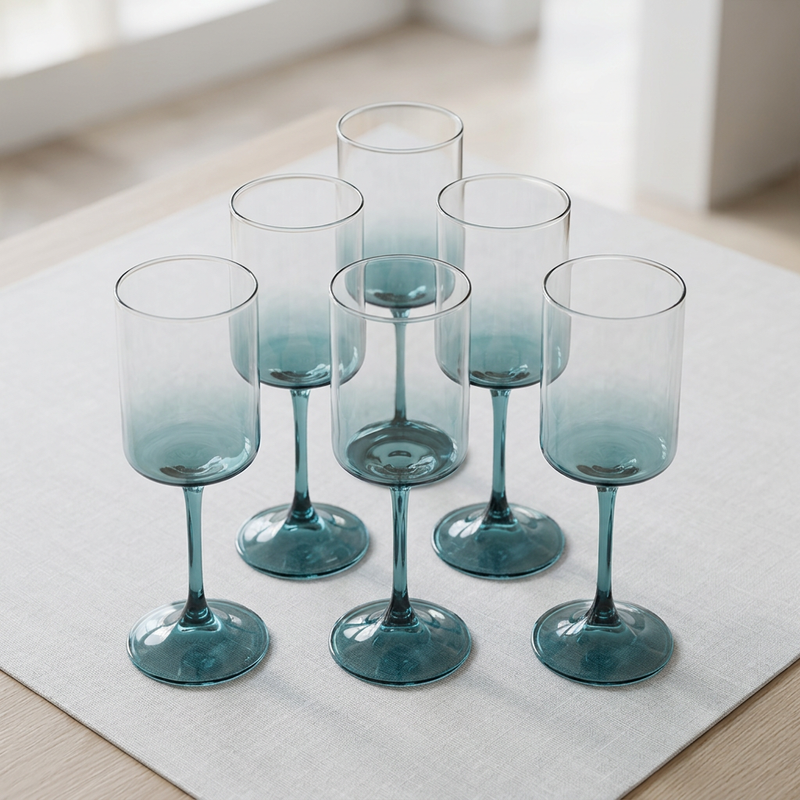 Minimalist Teal Blue Stemmed Wine Glasses Set of 6