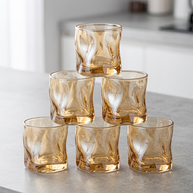 Origami Crumpled Amber Whiskey Glasses Set of 6
