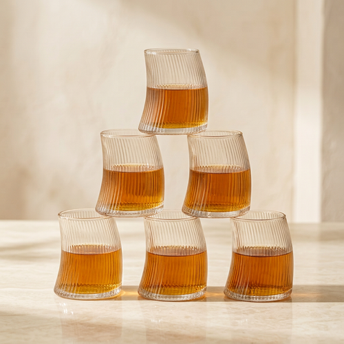 Asymmetric Ribbed Amber Glass Tumblers Set of 6