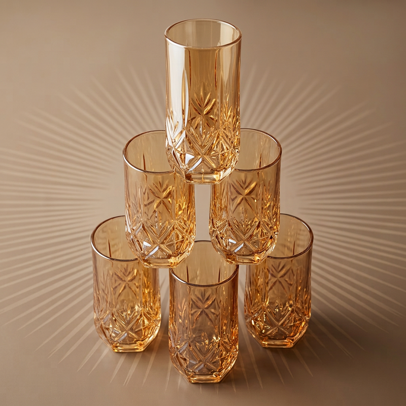 Amber Crystal Cut Glasses Set of 6
