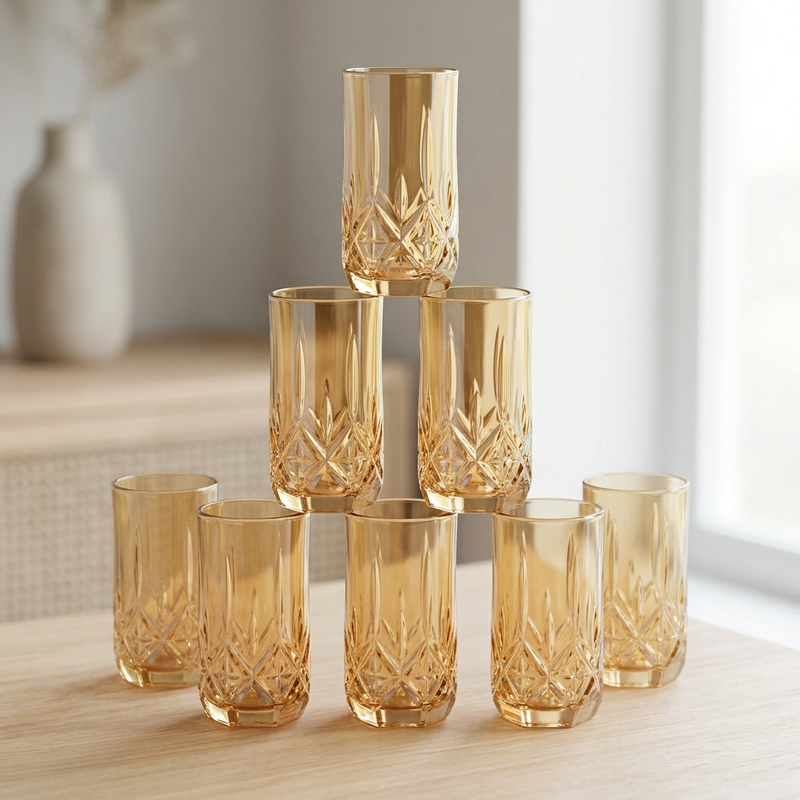 Amber Crystal Cut Glasses Set of 6