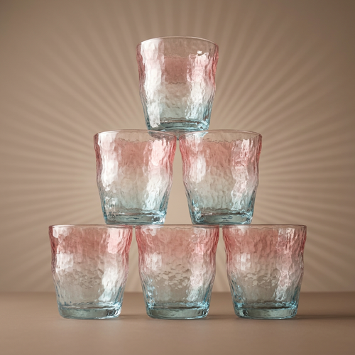 Pink and Blue Ombre Hammered Glass Set of 6