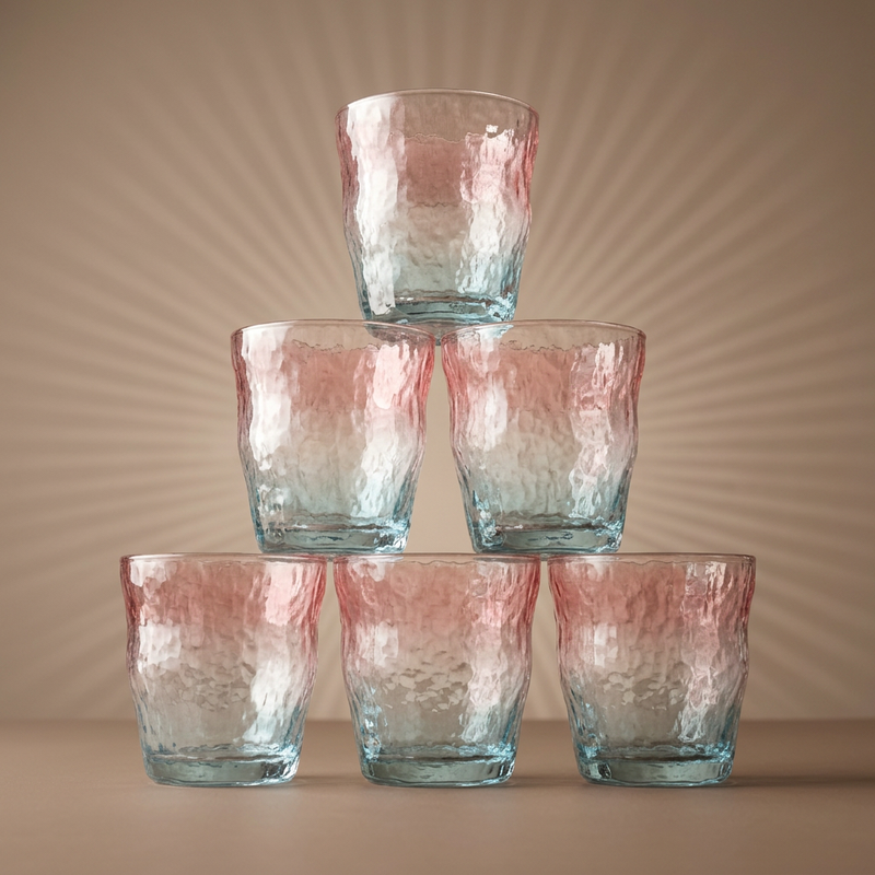 Pink and Blue Ombre Hammered Glass Set of 6