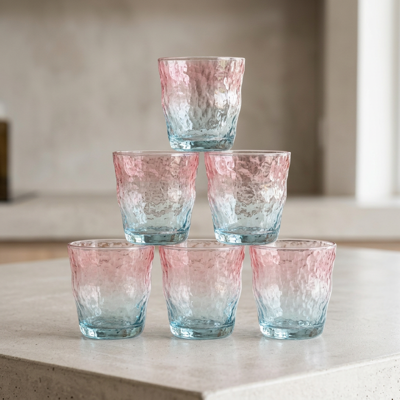 Pink and Blue Ombre Hammered Glass Set of 6