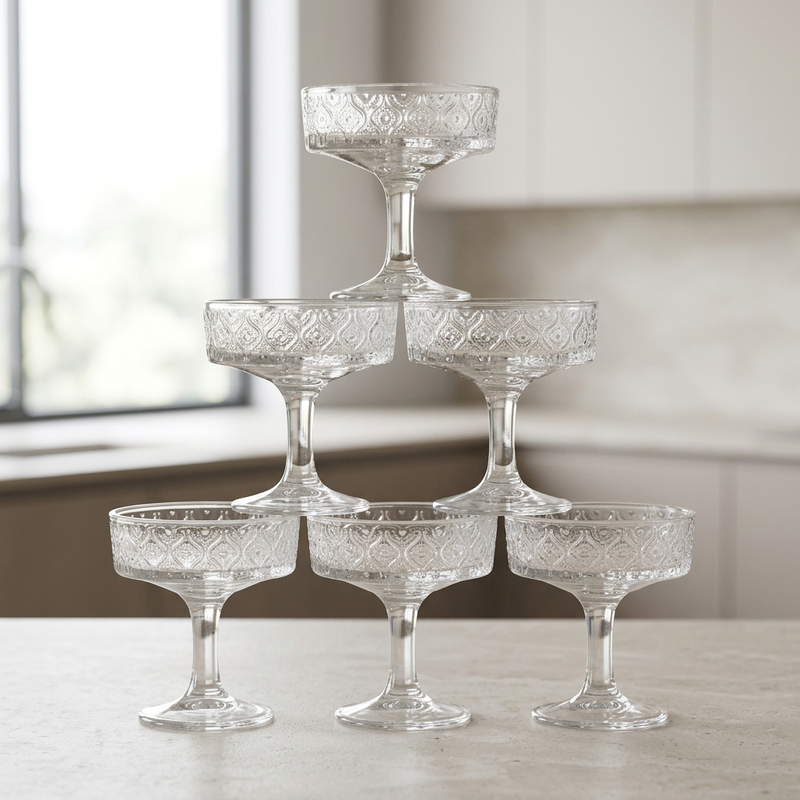 Vintage Embossed Crystal Coupe Glasses Set of 6