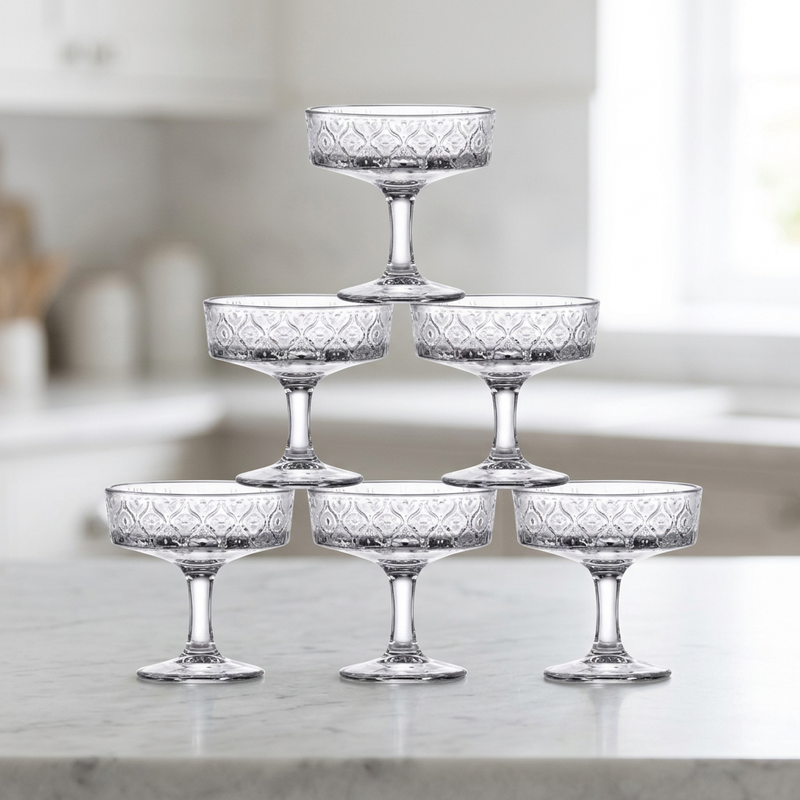Vintage Embossed Crystal Coupe Glasses Set of 6