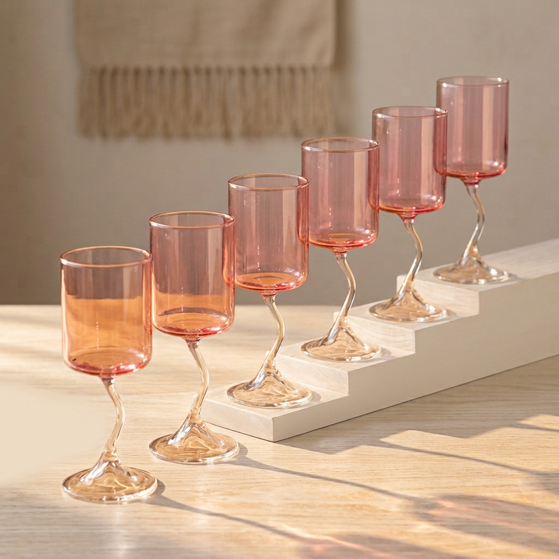 Aurora Wave Stem Rose Wine Glasses Set of 6