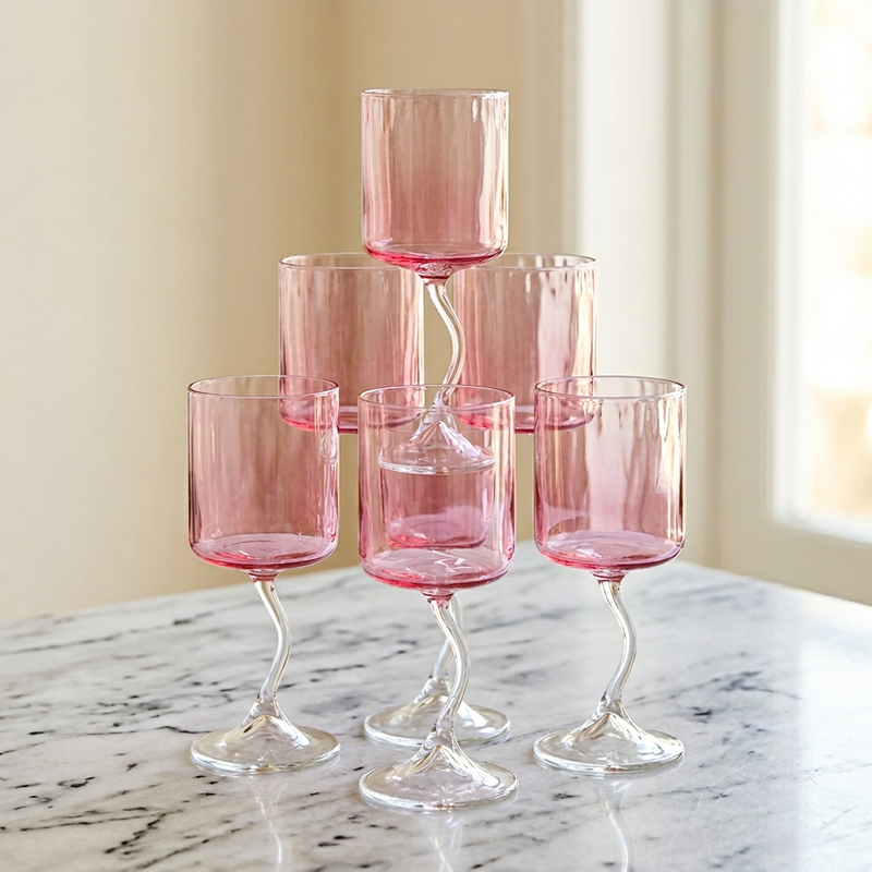 Aurora Wave Stem Rose Wine Glasses Set of 6