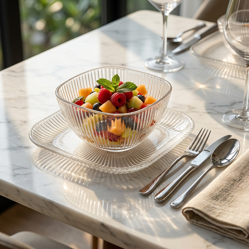 Elegant Glass Bowls & Square Plates Service Set of 6