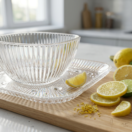 Elegant Glass Bowls & Square Plates Service Set of 6