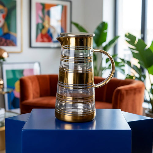 Gold Banded Glass Pitcher with Lid