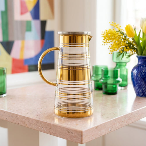 Gold Banded Glass Pitcher with Lid