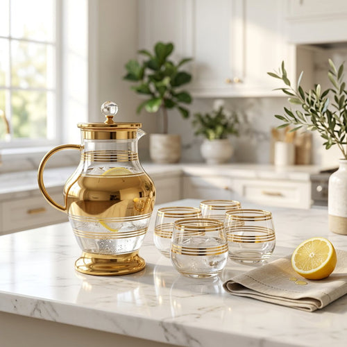 Gilded Imperial Glass Pitcher and Glass Set 7 Piece