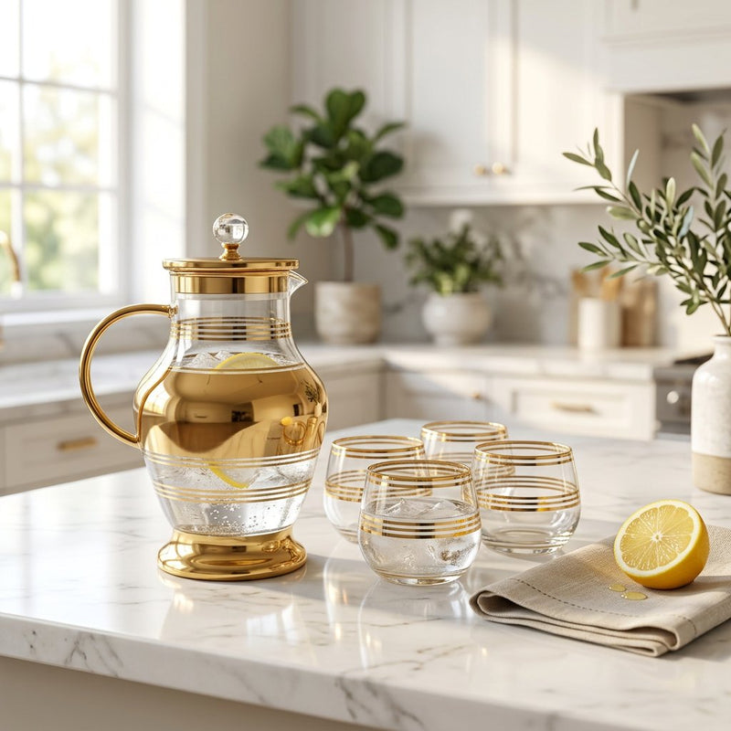 Gilded Imperial Glass Pitcher and Glass Set 7 Piece