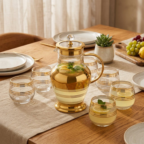 Gilded Imperial Glass Pitcher and Glass Set 7 Piece